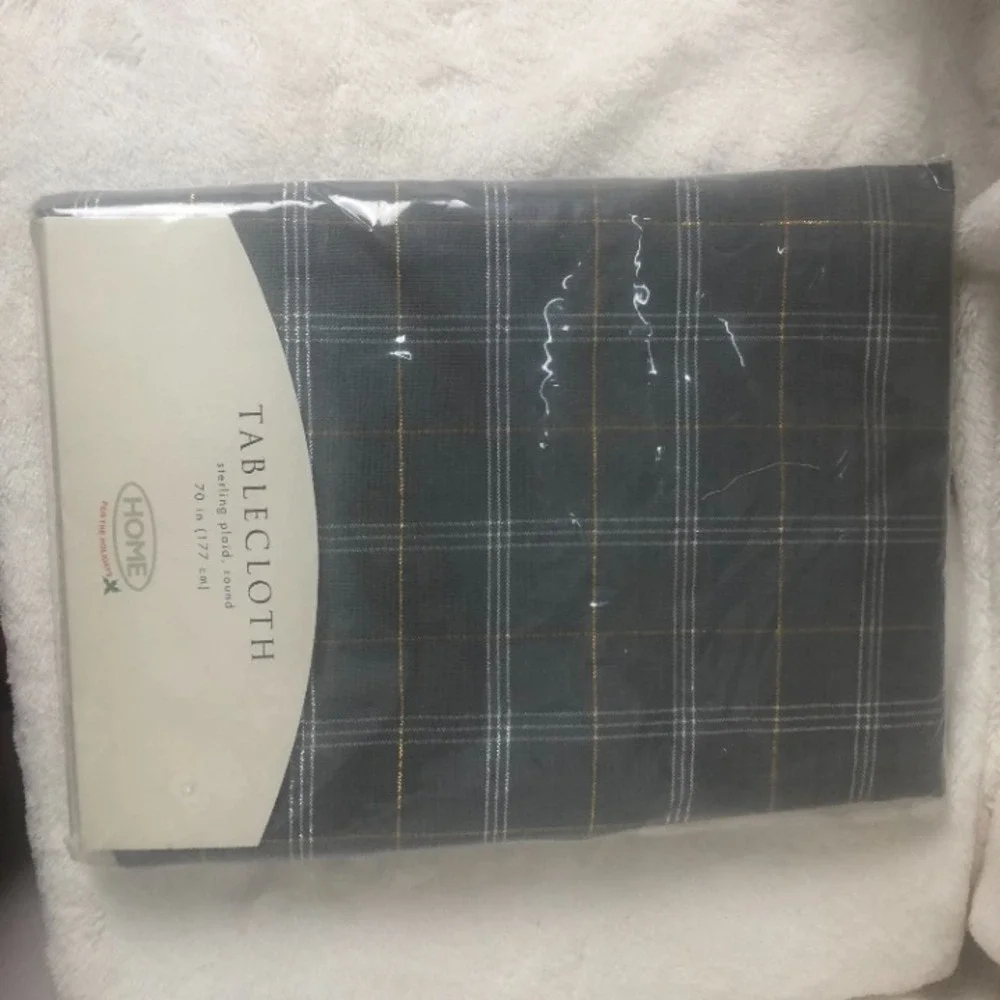 Home for the Holidays Tablecloth Gray w/Gold & Silver Plaid 70